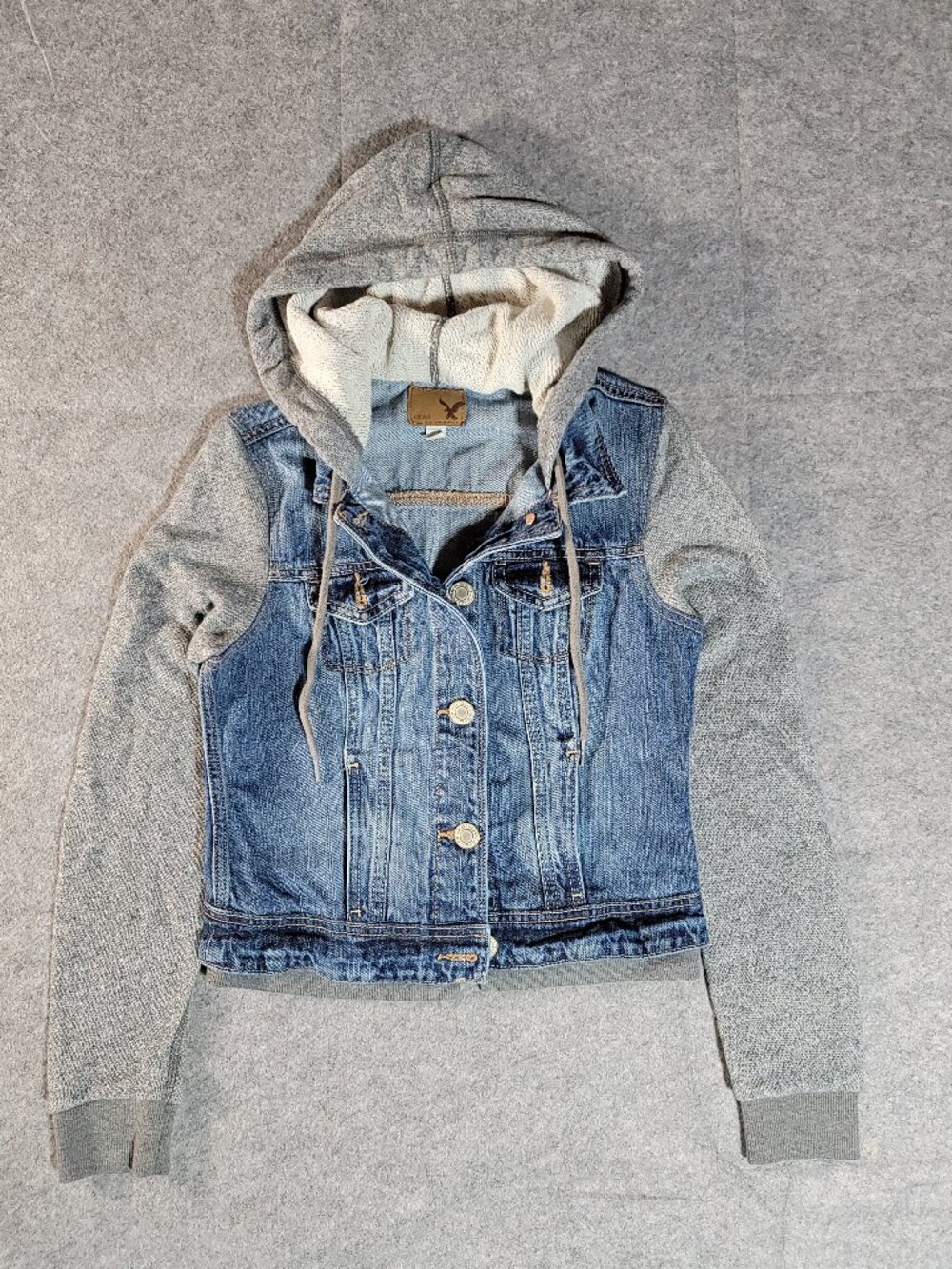 American Eagle Denim & Grey Fleece Hooded Hybrid Jacket Womens Size XS